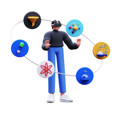 Mann mit VR bei wissenschaftlichem Experiment  3D Illustration