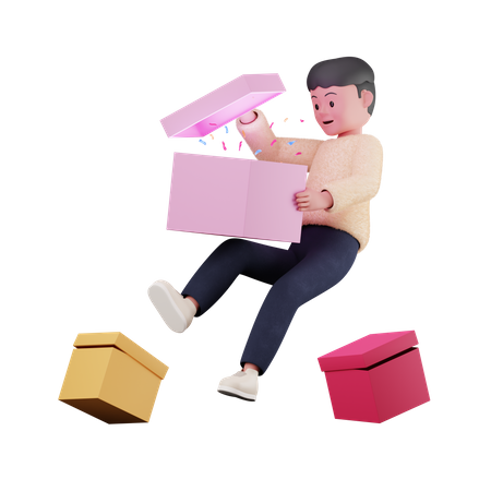 Mann öffnet Geschenkbox  3D Illustration