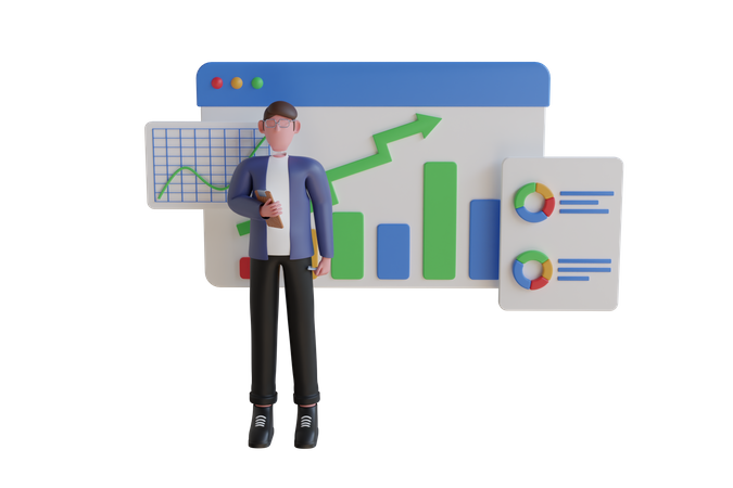 Mann recherchiert ein Business-Dashboard mit Diagrammen und Infografiken  3D Illustration