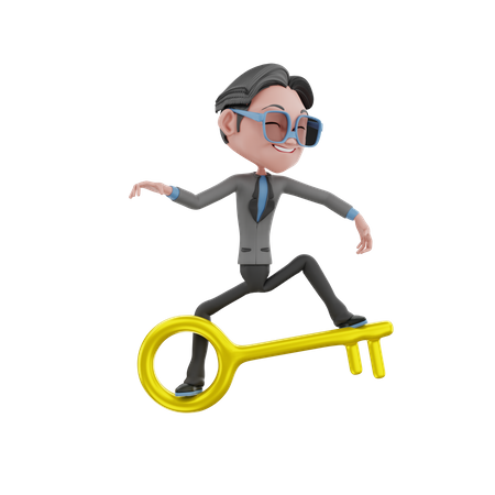 Mann reitet auf Geschäftsschlüssel  3D Illustration