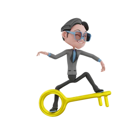 Mann reitet auf Geschäftsschlüssel  3D Illustration