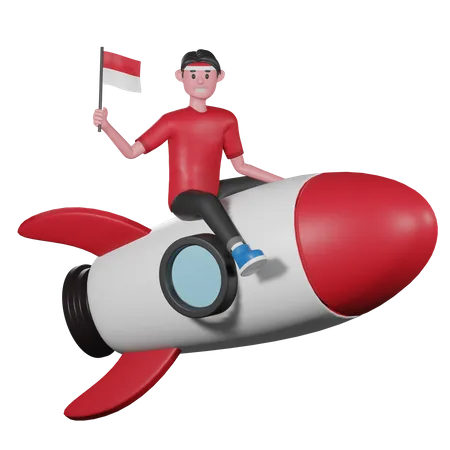 Mann reitet Rakete und hält indonesische Flagge  3D Illustration