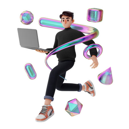 Mann rennt und hält Laptop in der Hand  3D Illustration