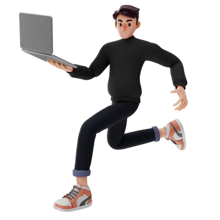 Mann rennt und hält Laptop in der Hand  3D Illustration