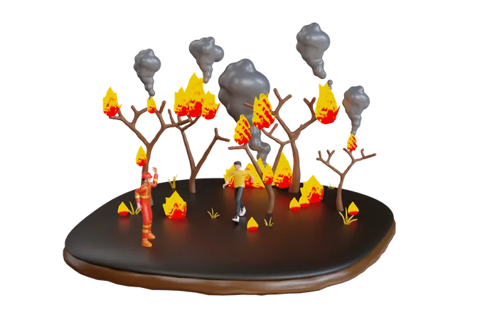 Mann flieht vor Waldbränden  3D Illustration