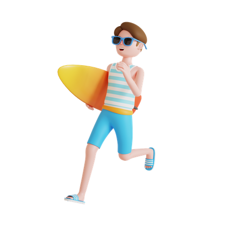 Mann rennt zum Surfen  3D Illustration