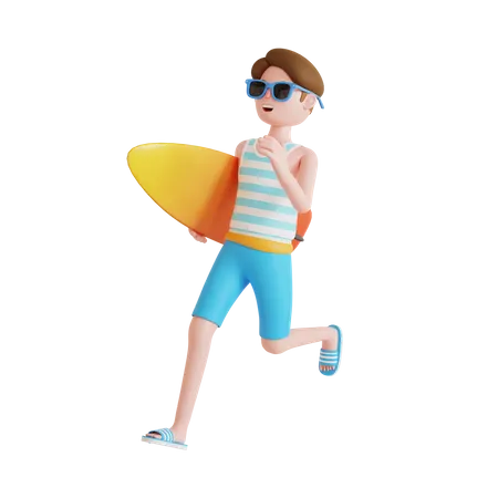 Mann rennt zum Surfen  3D Illustration