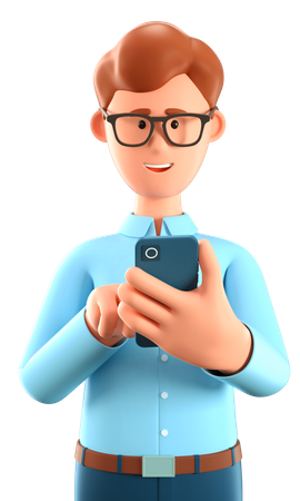 Mann schaut aufs Smartphone und chattet  3D Illustration