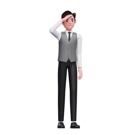 Mann mit grauer Büroweste blickt in die Ferne  3D Illustration