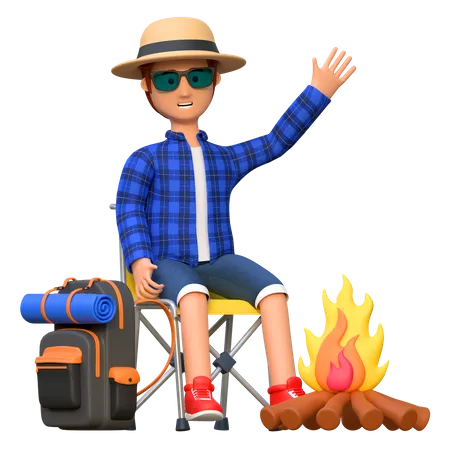 Mann sitzt am Lagerfeuer  3D Illustration