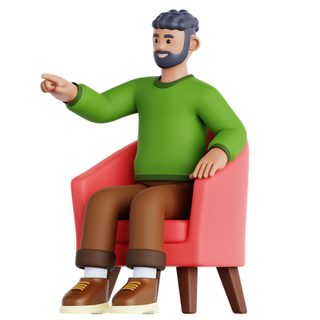 Mann sitzt auf der Couch und zeigt  3D Illustration