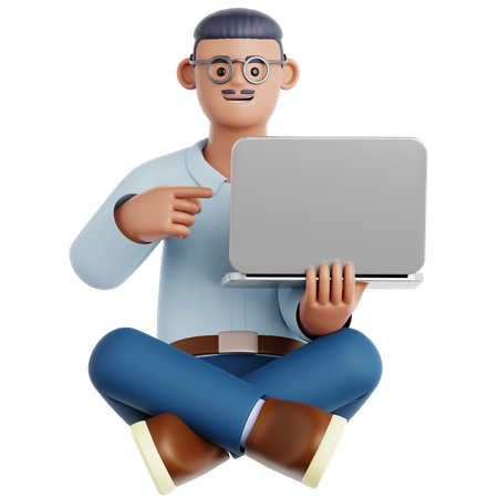 Mann sitzt auf dem Boden und zeigt auf Laptop  3D Illustration