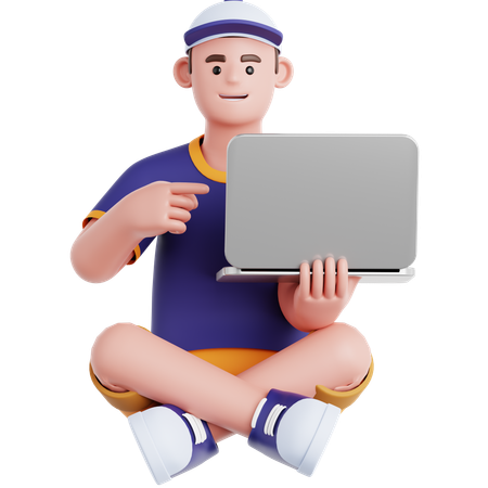 Mann sitzt auf dem Boden und zeigt auf Laptop  3D Illustration