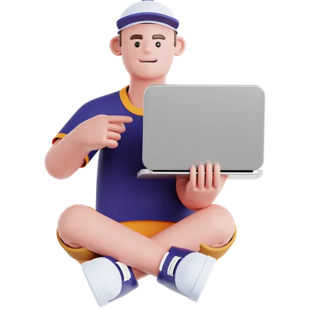 Mann sitzt auf dem Boden und zeigt auf Laptop  3D Illustration