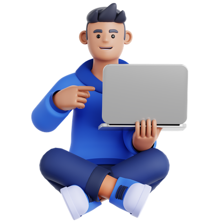 Mann sitzt auf dem Boden und zeigt auf Laptop  3D Illustration