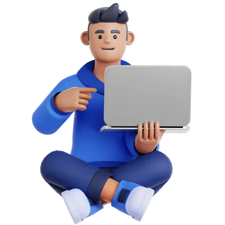 Mann sitzt auf dem Boden und zeigt auf Laptop  3D Illustration