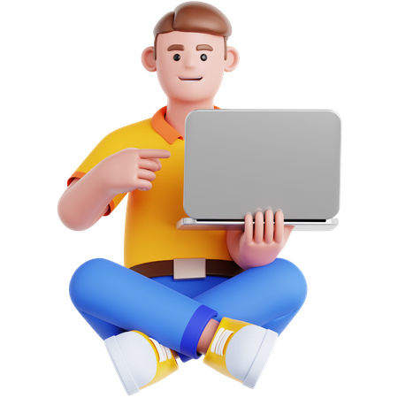 Mann sitzt auf dem Boden und zeigt auf Laptop  3D Illustration