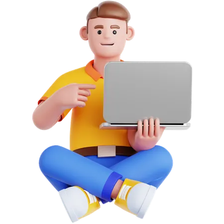 Mann sitzt auf dem Boden und zeigt auf Laptop  3D Illustration