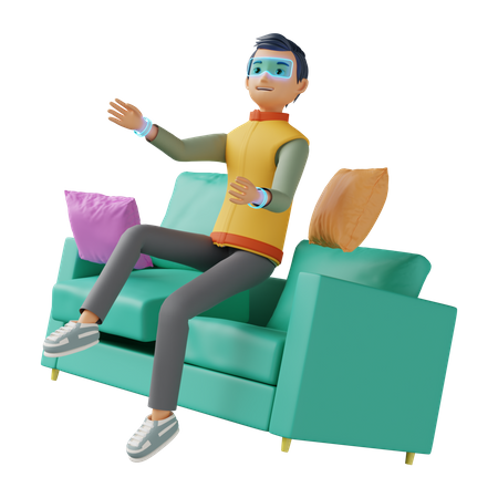 Mann sitzt auf der Couch und erlebt virtuelle Technologie  3D Illustration