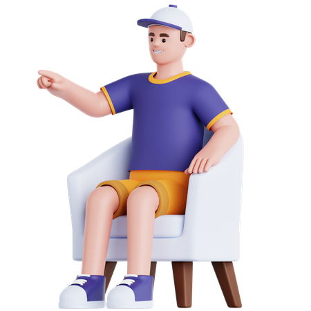 Mann sitzt auf der Couch und zeigt  3D Illustration