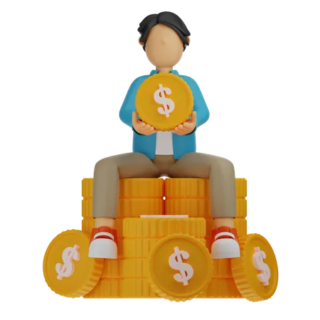 Mann sitzt auf einem Stapel Goldmünzen  3D Illustration