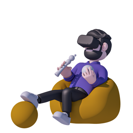 Mann sitzt auf Sitzsack und Spiel VR Glas  3D Icon