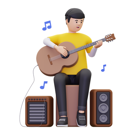 Mann sitzt und spielt eine Akustikgitarre  3D Illustration