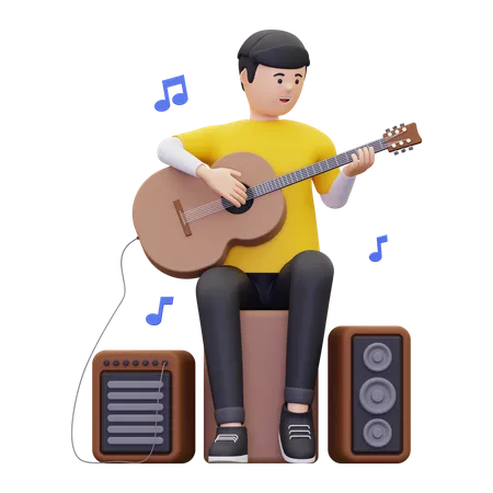 Mann sitzt und spielt eine Akustikgitarre  3D Illustration