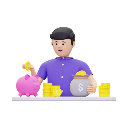 Mann spart Geld in Sparschwein  3D Illustration