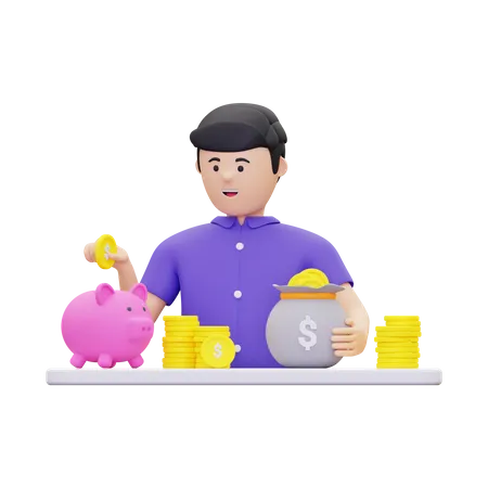 Mann spart Geld in Sparschwein  3D Illustration