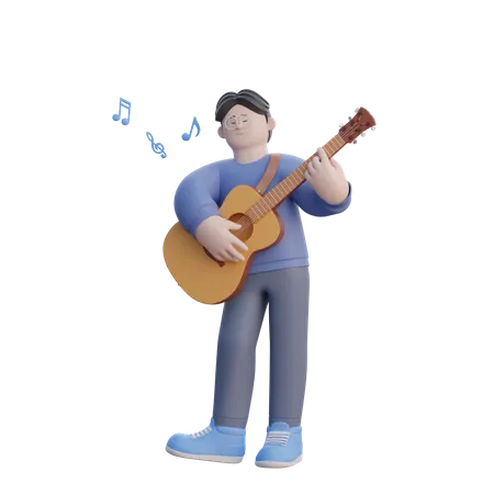 Mann spielt Akustikgitarre  3D Illustration