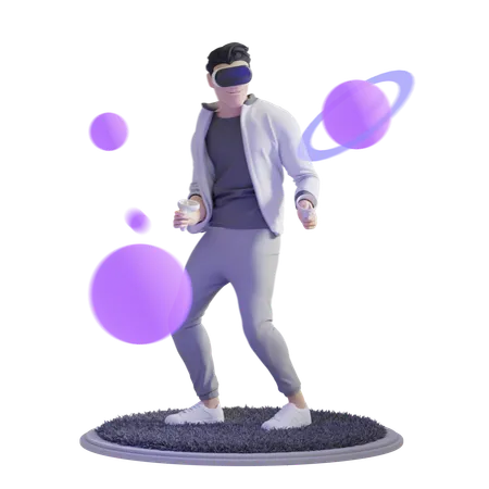 Mann spielt Orbit mit VR-Brille  3D Illustration