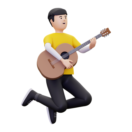 Mann springt, während er eine Gitarre trägt  3D Illustration