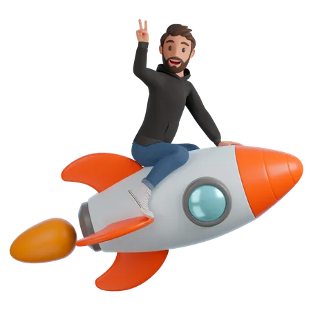 Ein Mann In Einem Schwarzen Kapuzenpullover Und Blauen Jeans Fliegt Auf Einer Rakete 3 D Darstellung 3D Illustration