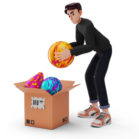 Mann steckt Ball in Paket  3D Illustration