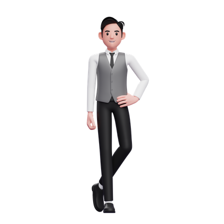 Mann steht mit der Hand auf der Hüfte und gekreuzten Beinen und trägt eine graue Büroweste  3D Illustration