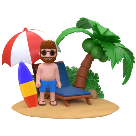3 D Rendering Sommerillustration Eines Mannes Der Neben Einem Liegestuhl Am Strand Steht 3D Illustration
