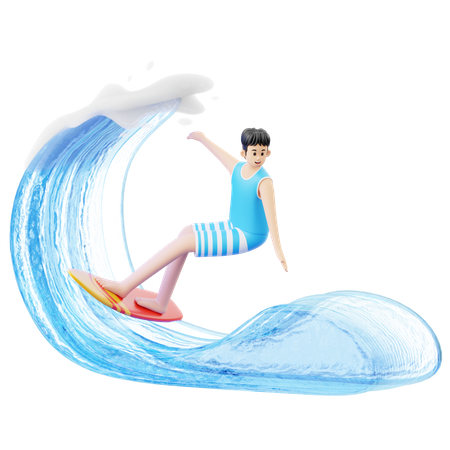 Mann beim Surfen am Strand mit Surfbrett  3D Illustration