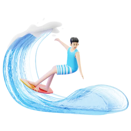 Mann beim Surfen am Strand mit Surfbrett  3D Illustration