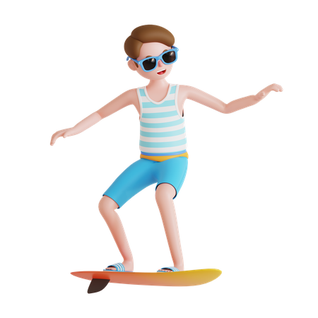 Mann beim Surfen am Strand mit Surfbrett  3D Illustration