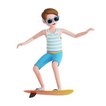 Mann beim Surfen am Strand mit Surfbrett  3D Illustration