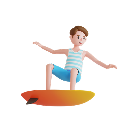 Mann beim Surfen am Strand mit Surfbrett  3D Illustration