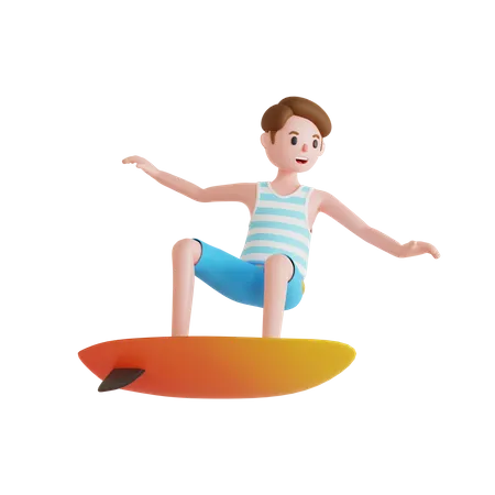 Mann beim Surfen am Strand mit Surfbrett  3D Illustration