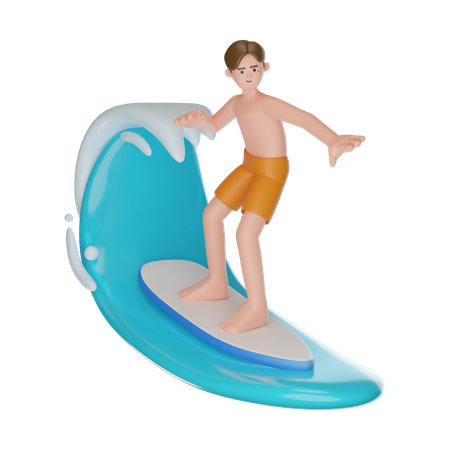 Mann beim Surfen am Strand mit Surfbrett  3D Illustration