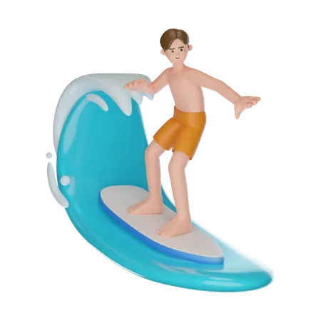 Mann beim Surfen am Strand mit Surfbrett  3D Illustration
