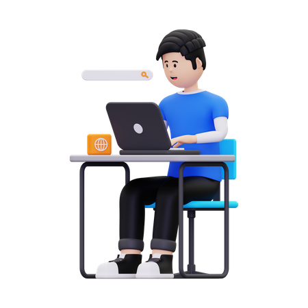 Mann surft mit Laptop im Internet  3D Illustration