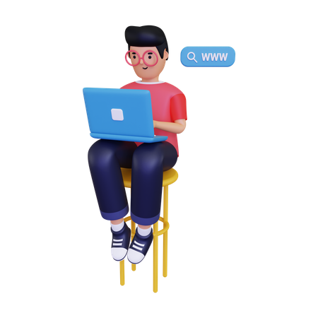 Mann surft mit Laptop  3D Illustration