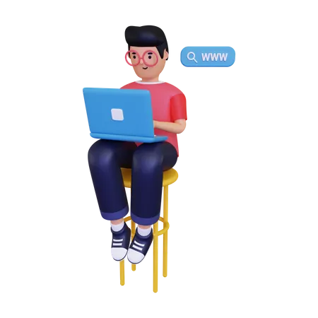 Mann surft mit Laptop  3D Illustration