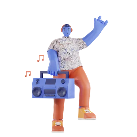 Mann tanzt und trägt ein Radio  3D Illustration