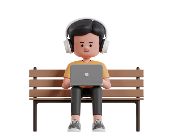 Mann trägt gelbes T-Shirt und arbeitet mit Laptop, sitzt auf Parkbank und genießt Musik  3D Illustration